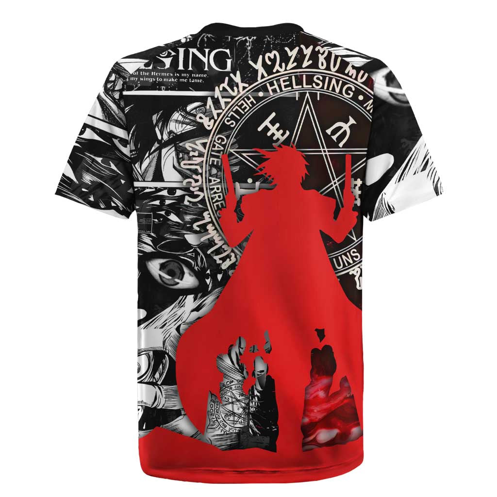 Alucard Hellsing Manga Collage Black and Red Design Rugby Jersey with Gun Pose and Symbolic Silhouettes - The Mazicc
