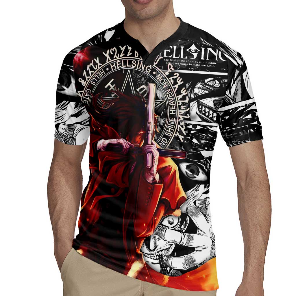 Alucard Hellsing Manga Collage Black and Red Design Rugby Jersey with Gun Pose and Symbolic Silhouettes - The Mazicc