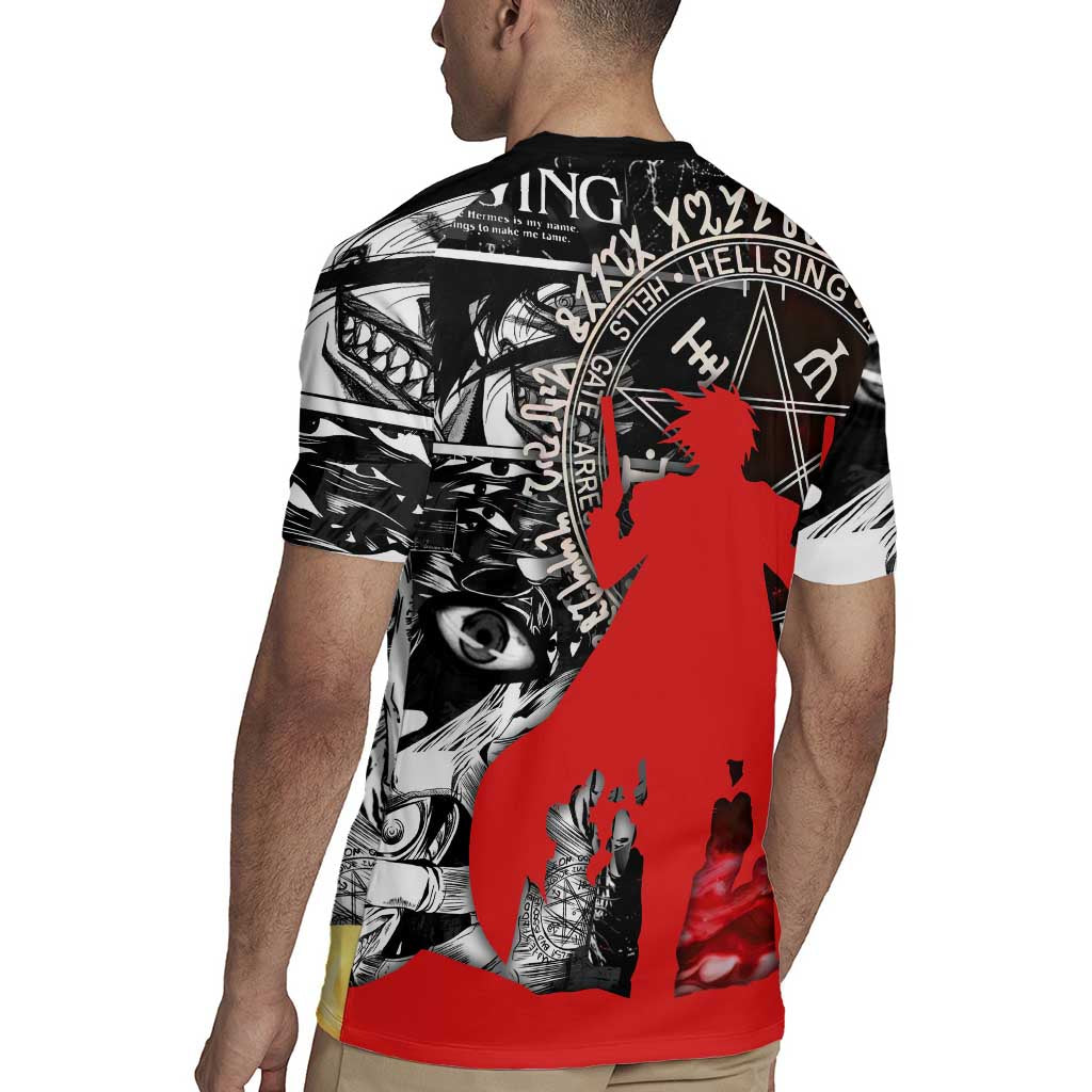 Alucard Hellsing Manga Collage Black and Red Design Rugby Jersey with Gun Pose and Symbolic Silhouettes - The Mazicc