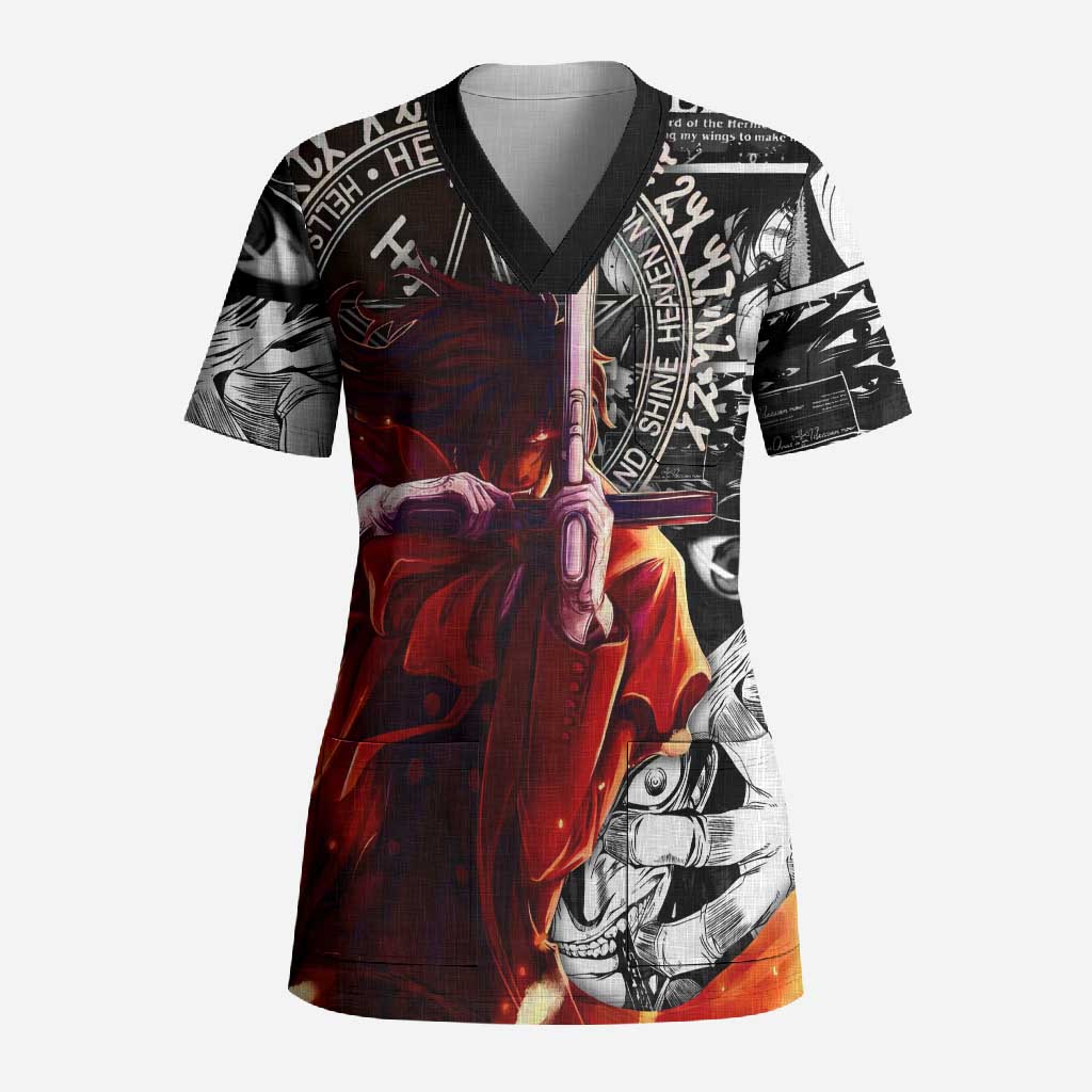 Alucard Hellsing Manga Collage Black and Red Design Scrub Top with Gun Pose and Symbolic Silhouettes - The Mazicc
