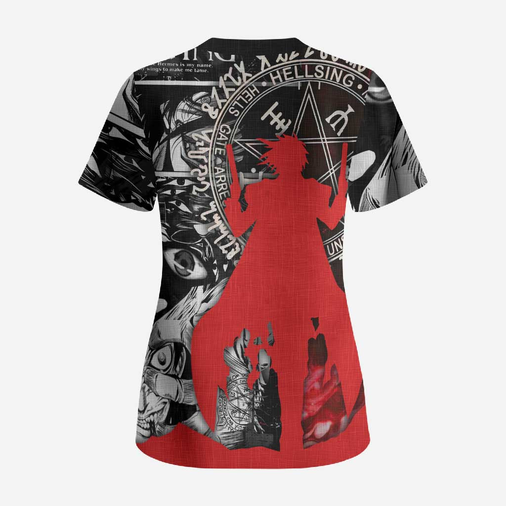 Alucard Hellsing Manga Collage Black and Red Design Scrub Top with Gun Pose and Symbolic Silhouettes - The Mazicc
