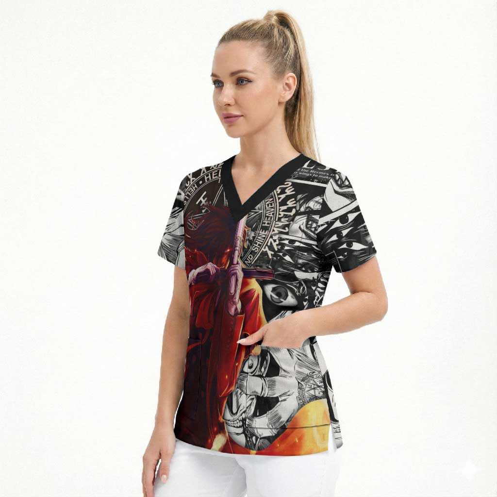Alucard Hellsing Manga Collage Black and Red Design Scrub Top with Gun Pose and Symbolic Silhouettes - The Mazicc