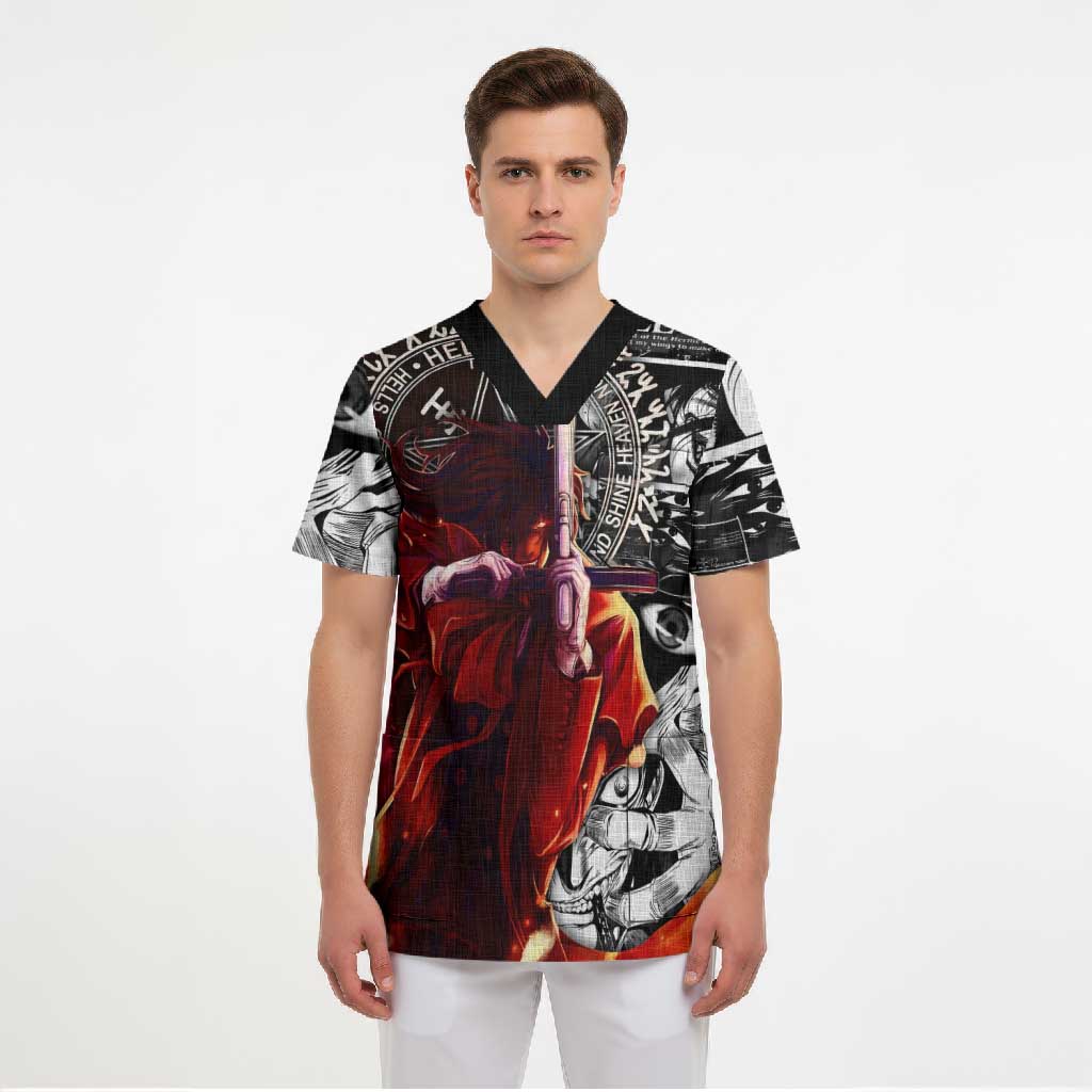 Alucard Hellsing Manga Collage Black and Red Design Scrub Top with Gun Pose and Symbolic Silhouettes - The Mazicc
