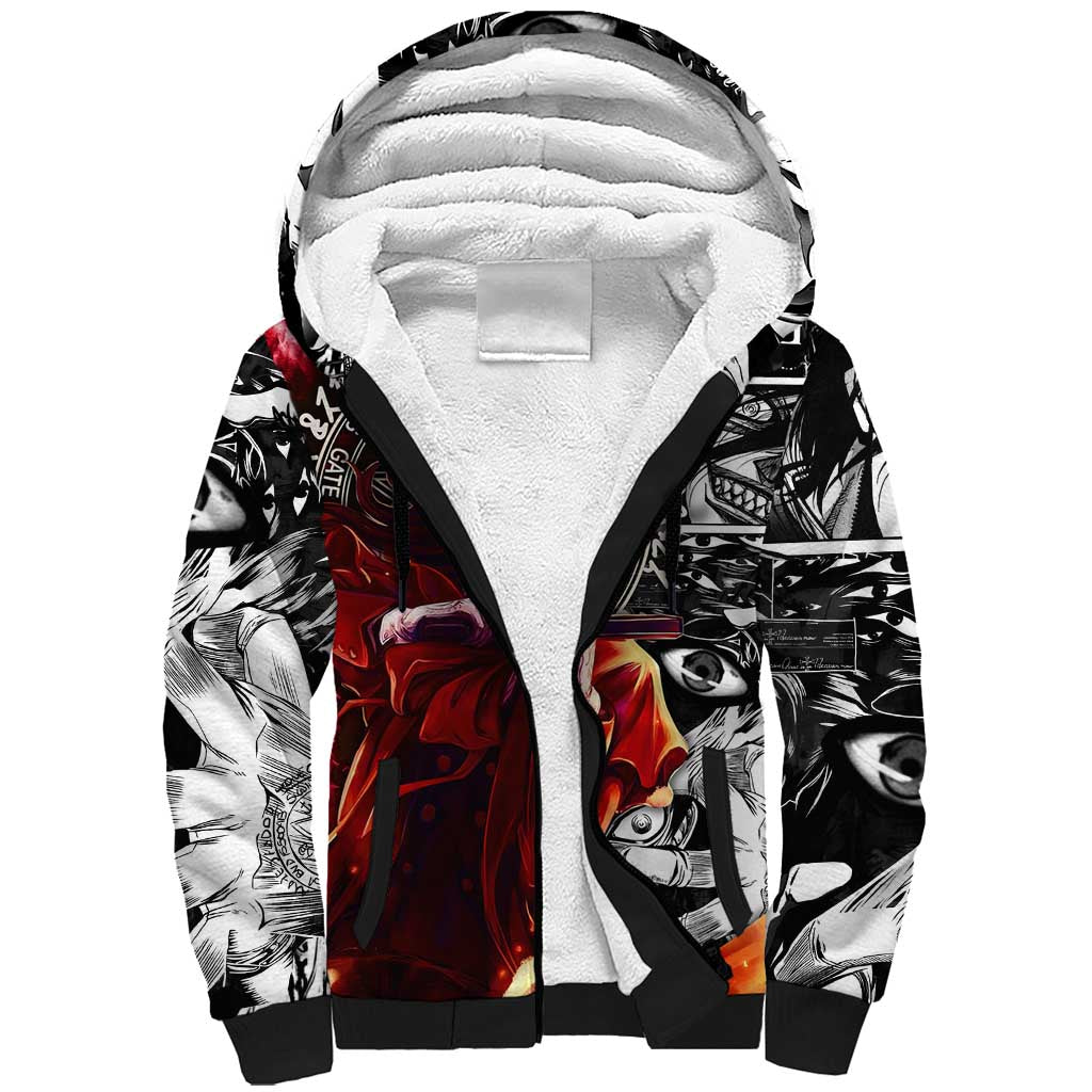 Alucard Hellsing Manga Collage Black and Red Design Sherpa Hoodie with Gun Pose and Symbolic Silhouettes - The Mazicc