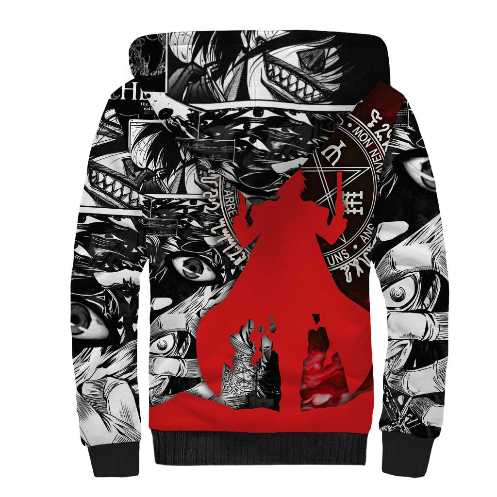 Alucard Hellsing Manga Collage Black and Red Design Sherpa Hoodie with Gun Pose and Symbolic Silhouettes - The Mazicc