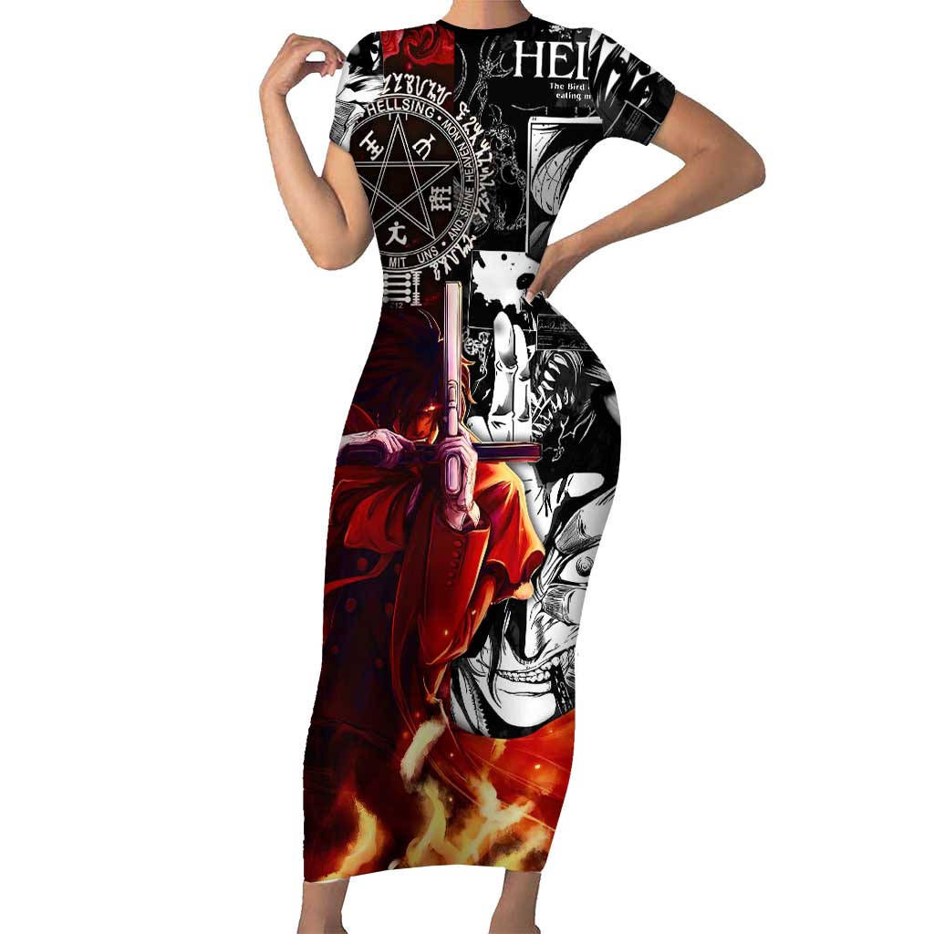 Alucard Hellsing Manga Collage Black and Red Design Short Sleeve Bodycon Dress with Gun Pose and Symbolic Silhouettes - The Mazicc