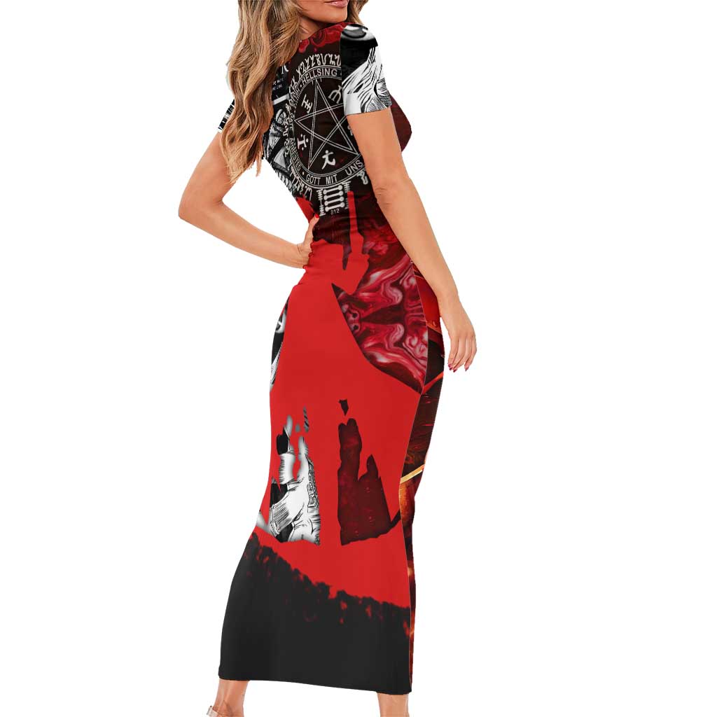 Alucard Hellsing Manga Collage Black and Red Design Short Sleeve Bodycon Dress with Gun Pose and Symbolic Silhouettes - The Mazicc