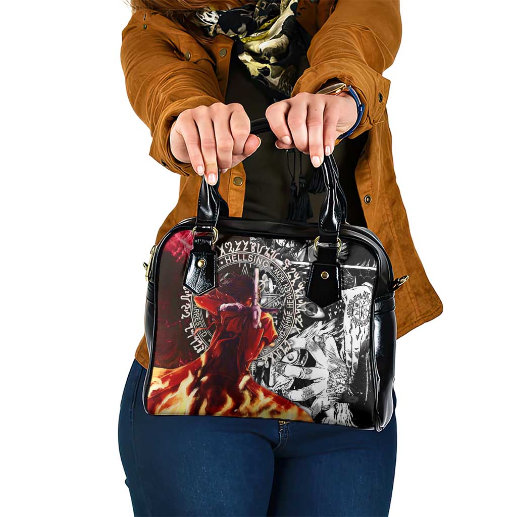 Alucard Hellsing Manga Collage Black and Red Design Shoulder Handbag with Gun Pose and Symbolic Silhouettes - The Mazicc