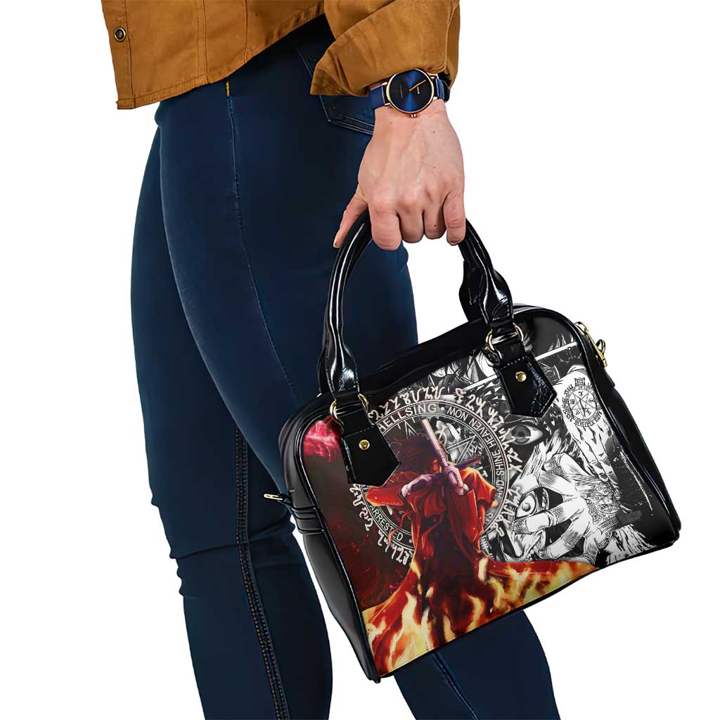 Alucard Hellsing Manga Collage Black and Red Design Shoulder Handbag with Gun Pose and Symbolic Silhouettes - The Mazicc