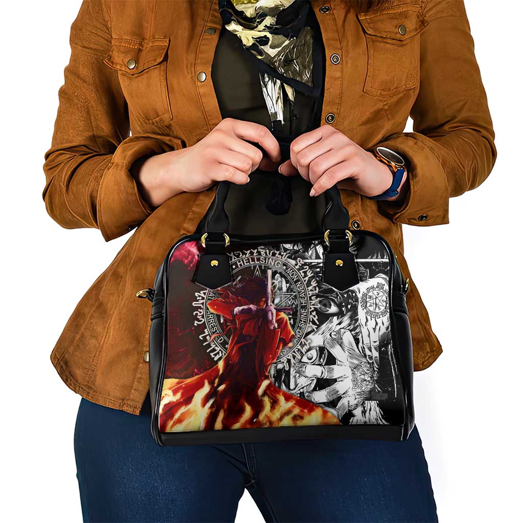 Alucard Hellsing Manga Collage Black and Red Design Shoulder Handbag with Gun Pose and Symbolic Silhouettes - The Mazicc