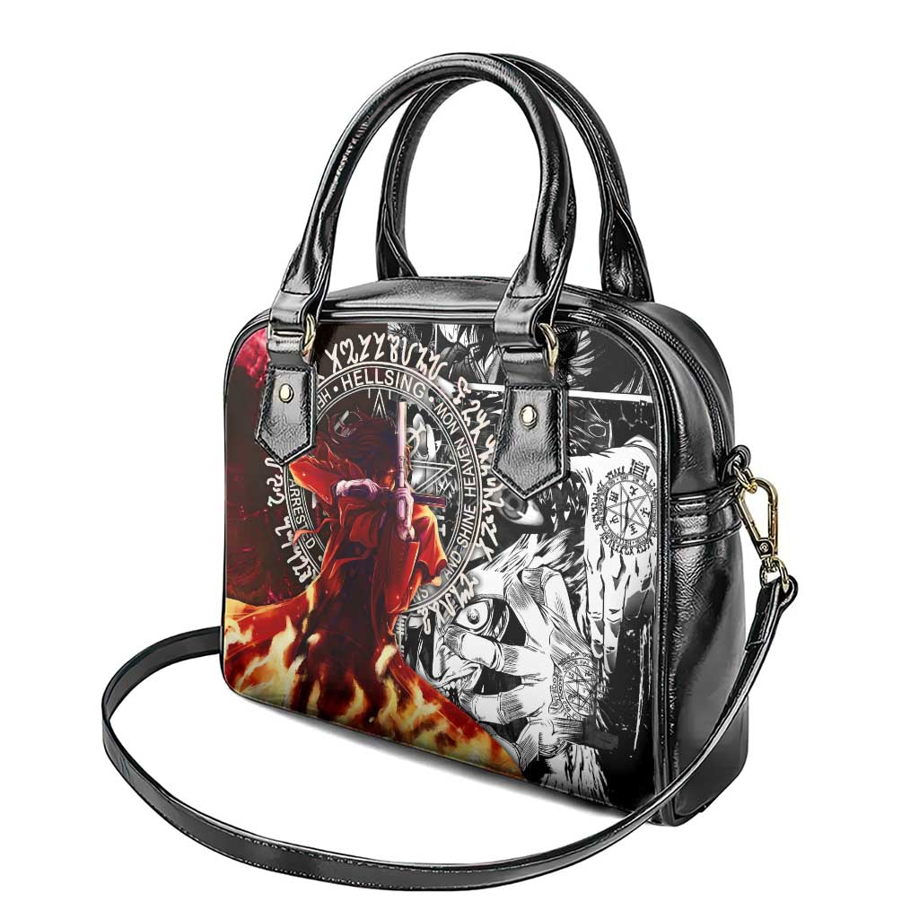 Alucard Hellsing Manga Collage Black and Red Design Shoulder Handbag with Gun Pose and Symbolic Silhouettes - The Mazicc