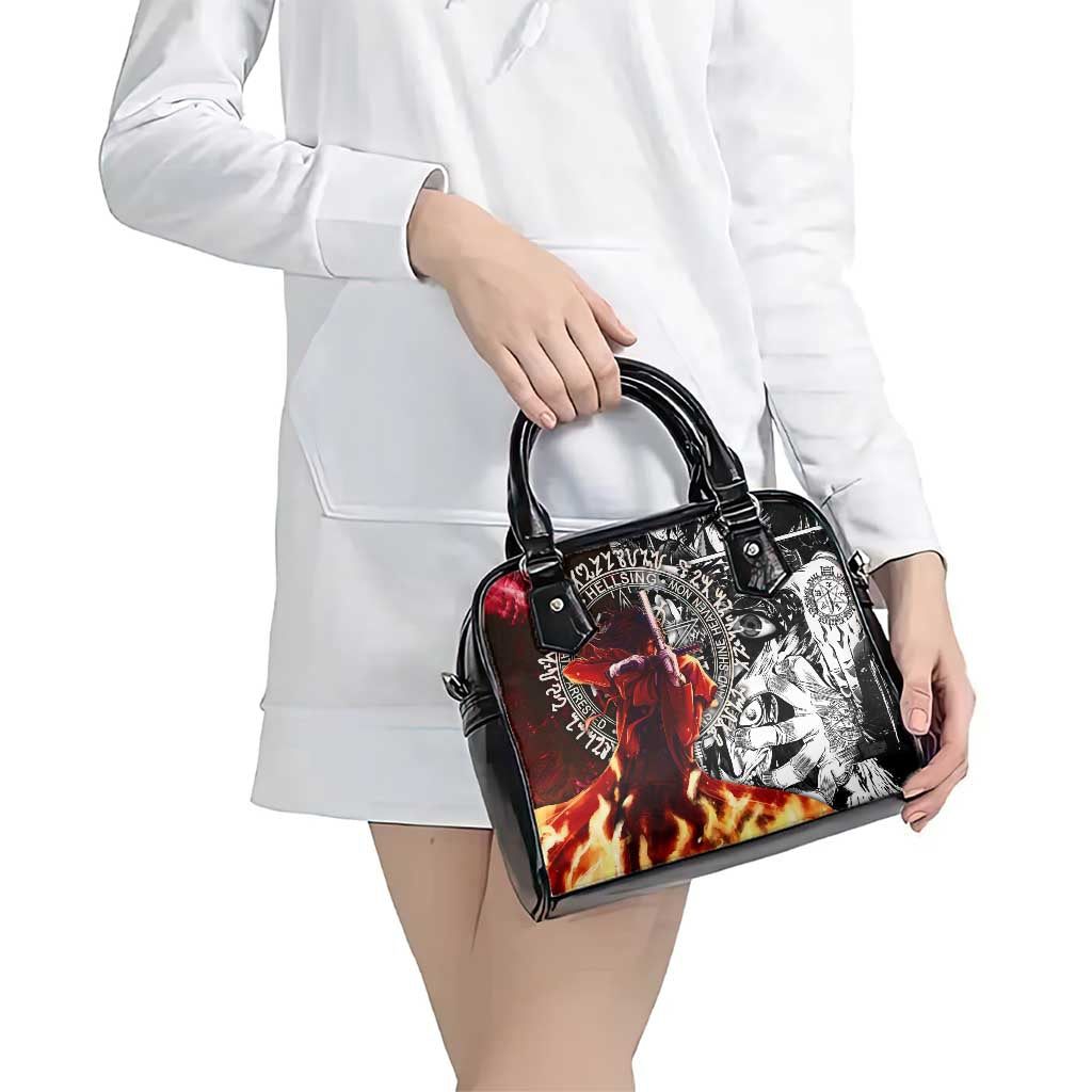 Alucard Hellsing Manga Collage Black and Red Design Shoulder Handbag with Gun Pose and Symbolic Silhouettes - The Mazicc