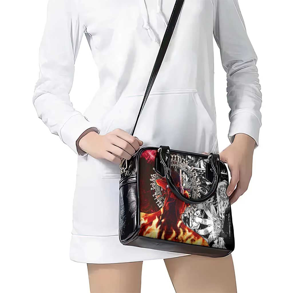 Alucard Hellsing Manga Collage Black and Red Design Shoulder Handbag with Gun Pose and Symbolic Silhouettes - The Mazicc