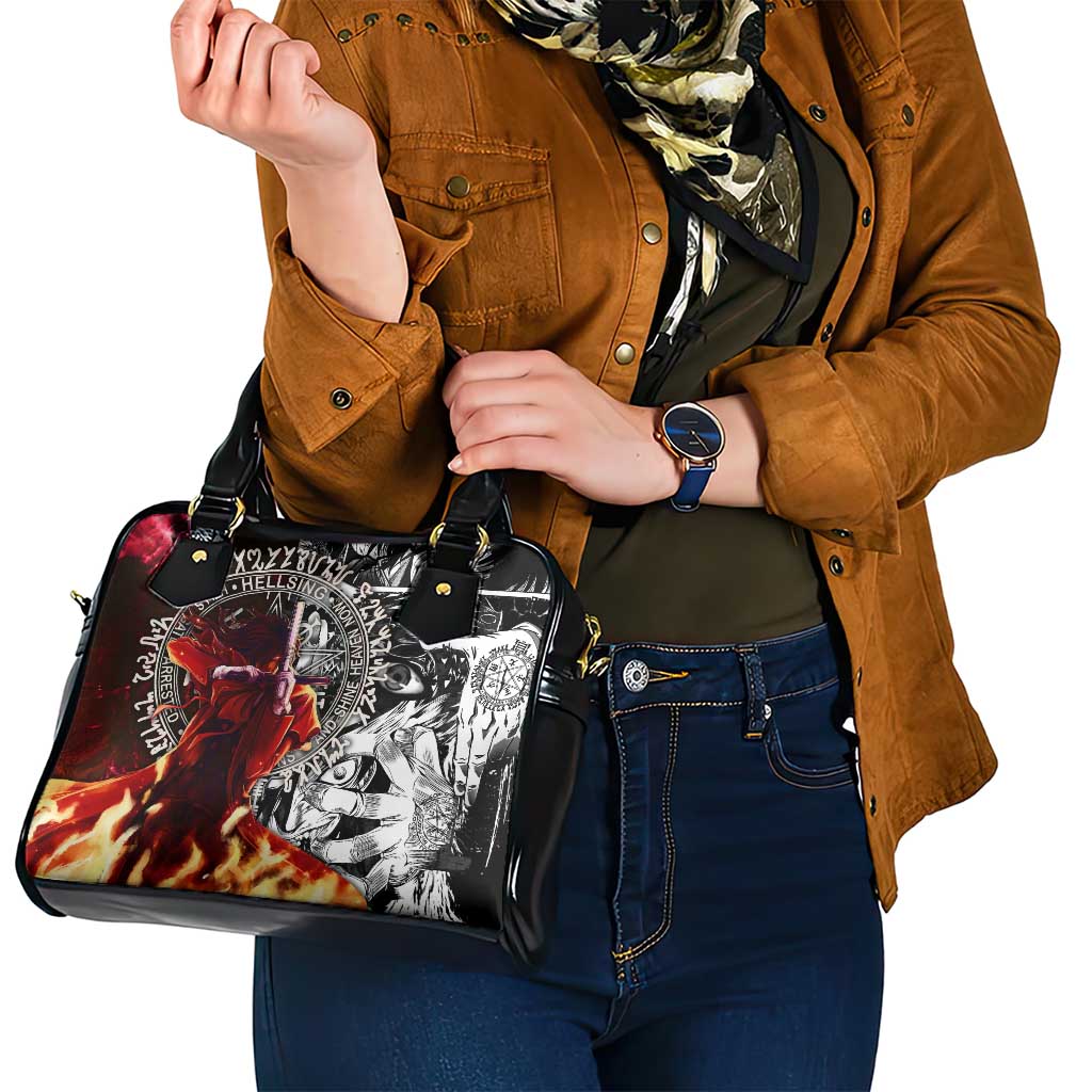 Alucard Hellsing Manga Collage Black and Red Design Shoulder Handbag with Gun Pose and Symbolic Silhouettes - The Mazicc