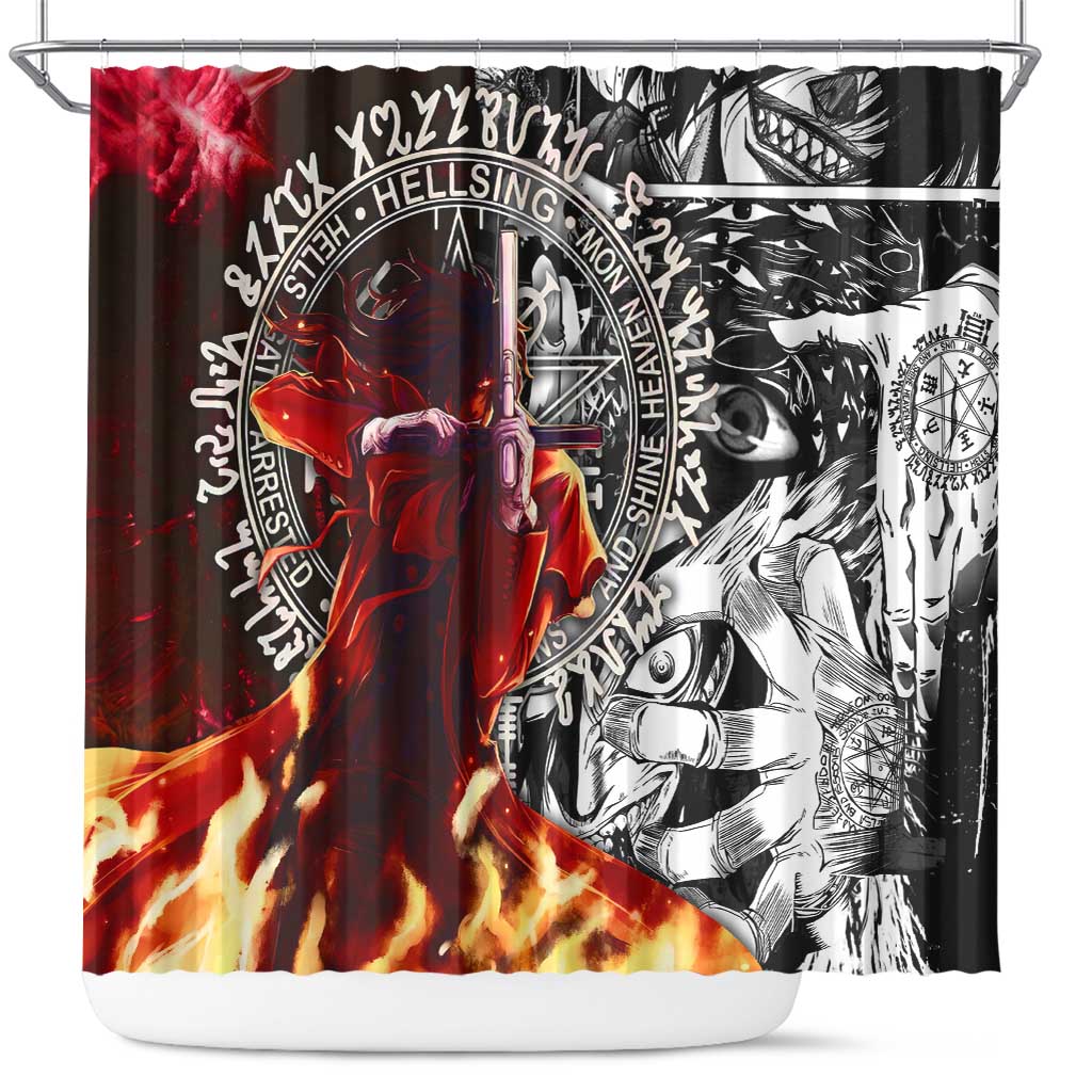 Alucard Hellsing Manga Collage Black and Red Design Shower Curtain with Gun Pose and Symbolic Silhouettes - The Mazicc