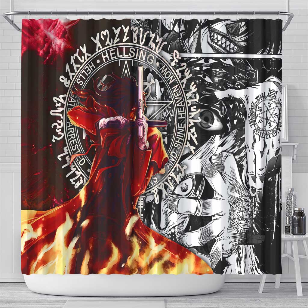 Alucard Hellsing Manga Collage Black and Red Design Shower Curtain with Gun Pose and Symbolic Silhouettes - The Mazicc