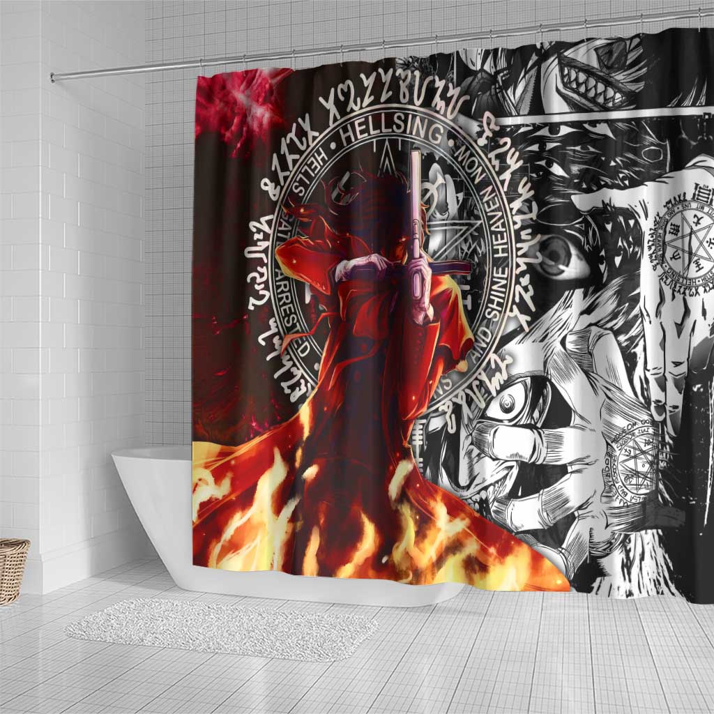 Alucard Hellsing Manga Collage Black and Red Design Shower Curtain with Gun Pose and Symbolic Silhouettes - The Mazicc