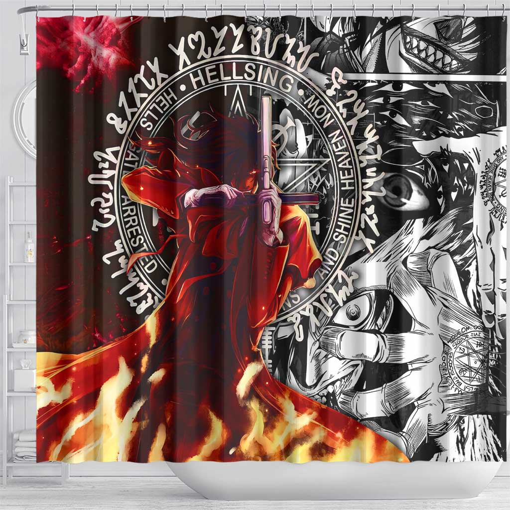 Alucard Hellsing Manga Collage Black and Red Design Shower Curtain with Gun Pose and Symbolic Silhouettes - The Mazicc