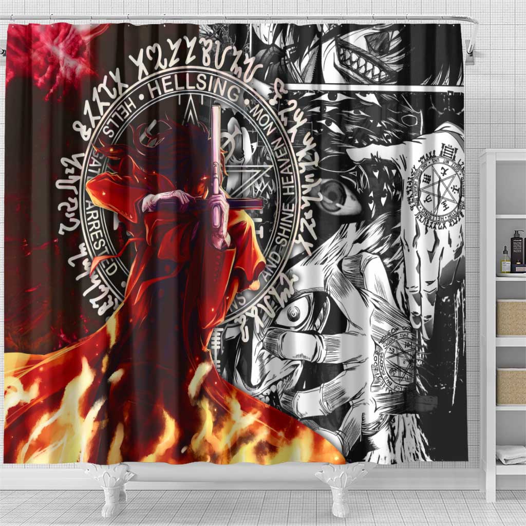 Alucard Hellsing Manga Collage Black and Red Design Shower Curtain with Gun Pose and Symbolic Silhouettes - The Mazicc