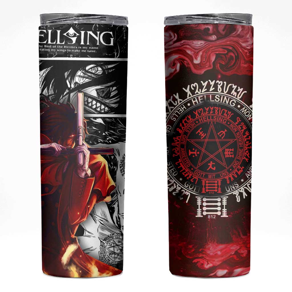 Alucard Hellsing Manga Collage Black and Red Design Skinny Tumbler with Gun Pose and Symbolic Silhouettes - The Mazicc