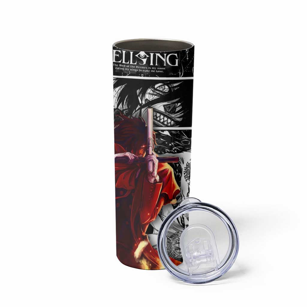 Alucard Hellsing Manga Collage Black and Red Design Skinny Tumbler with Gun Pose and Symbolic Silhouettes - The Mazicc