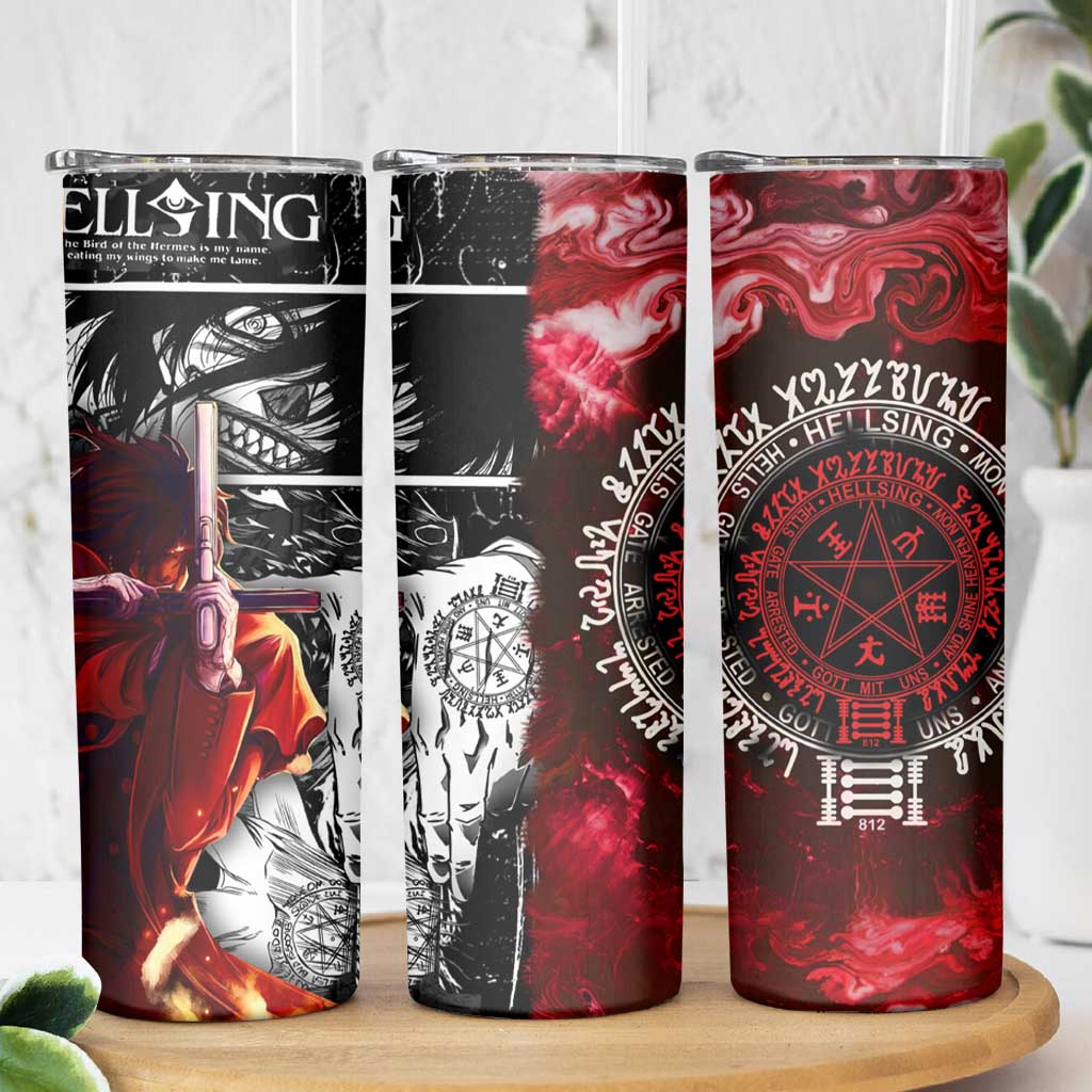 Alucard Hellsing Manga Collage Black and Red Design Skinny Tumbler with Gun Pose and Symbolic Silhouettes - The Mazicc
