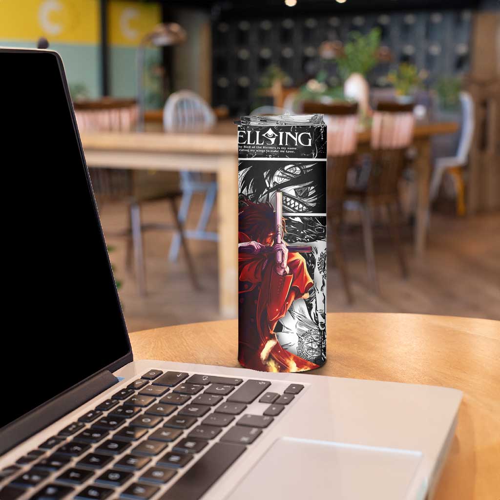 Alucard Hellsing Manga Collage Black and Red Design Skinny Tumbler with Gun Pose and Symbolic Silhouettes - The Mazicc
