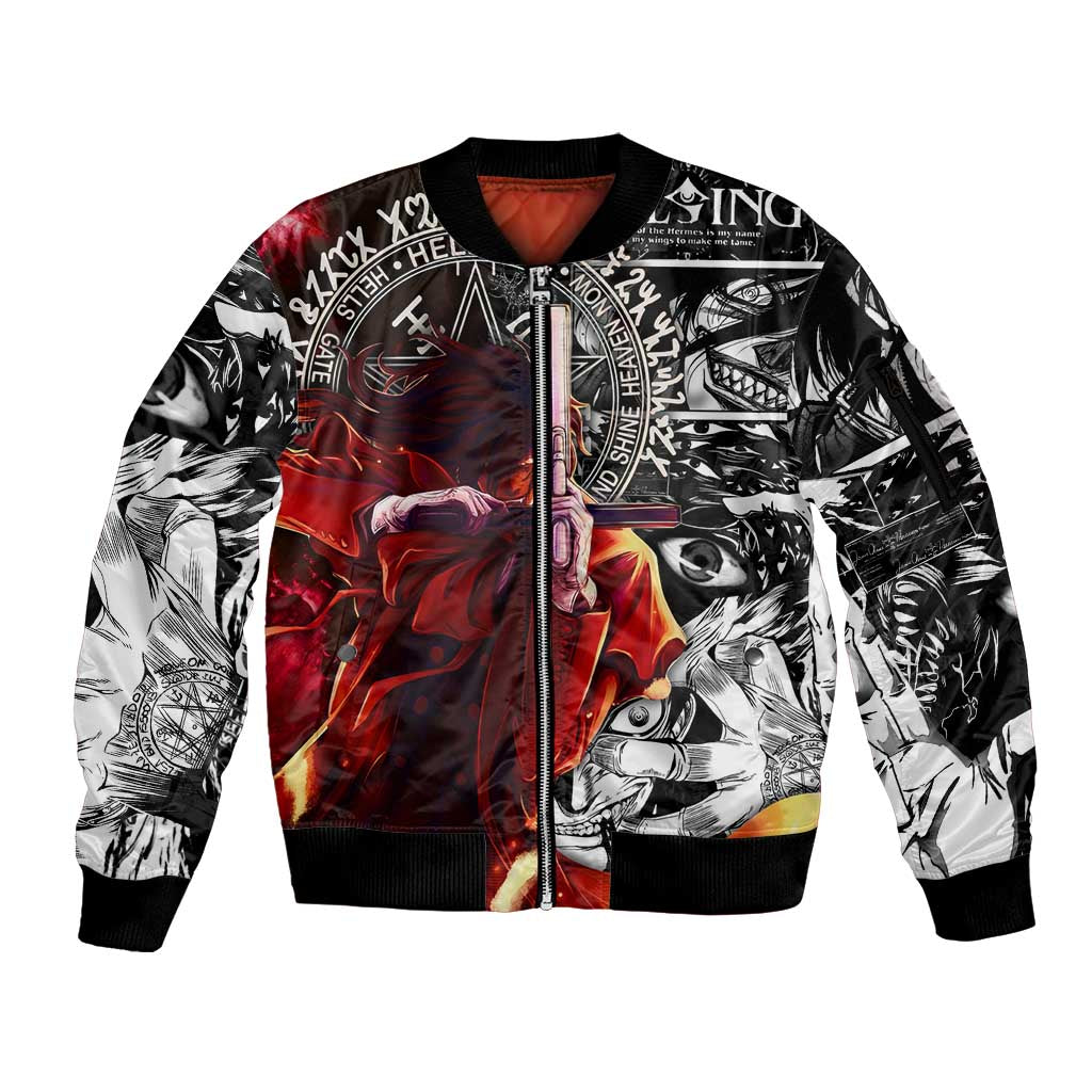 Alucard Hellsing Manga Collage Black and Red Design Sleeve Zip Bomber Jacket with Gun Pose and Symbolic Silhouettes - The Mazicc