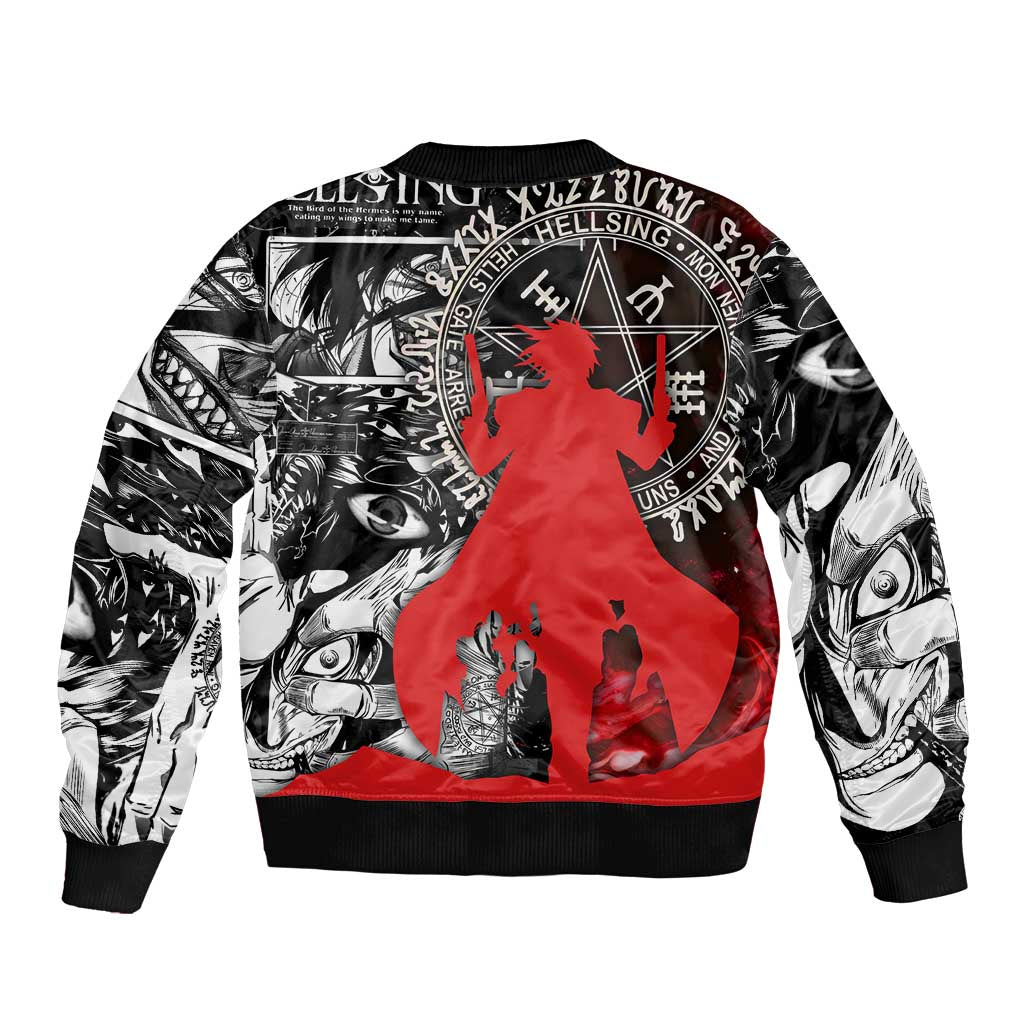 Alucard Hellsing Manga Collage Black and Red Design Sleeve Zip Bomber Jacket with Gun Pose and Symbolic Silhouettes - The Mazicc