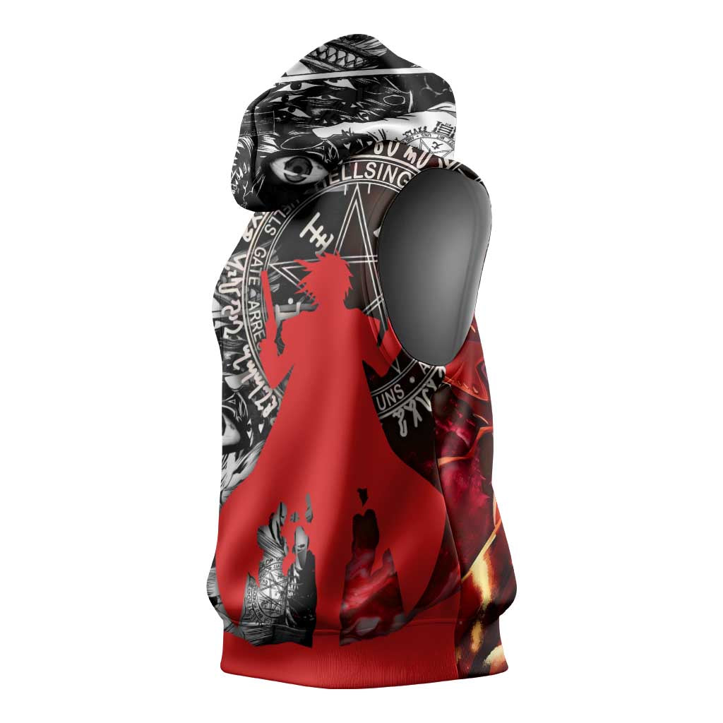 Alucard Hellsing Manga Collage Black and Red Design Sleeveless Hoodie with Gun Pose and Symbolic Silhouettes - The Mazicc