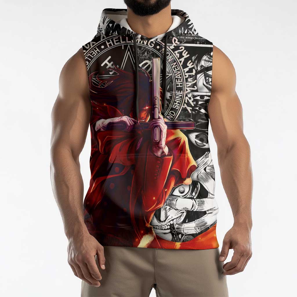 Alucard Hellsing Manga Collage Black and Red Design Sleeveless Hoodie with Gun Pose and Symbolic Silhouettes - The Mazicc