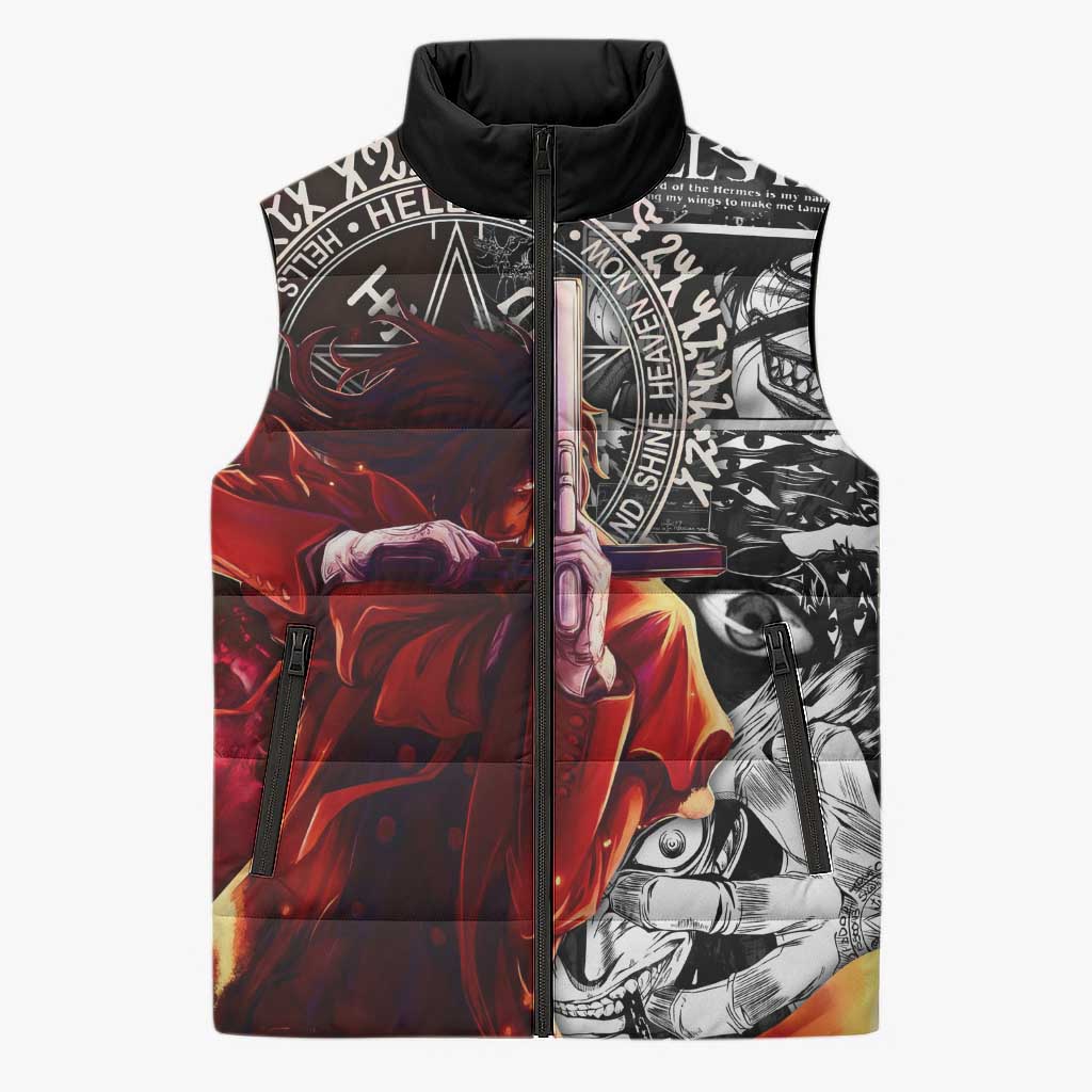 Alucard Hellsing Manga Collage Black and Red Design Sleeveless Puffer Jacket with Gun Pose and Symbolic Silhouettes - The Mazicc
