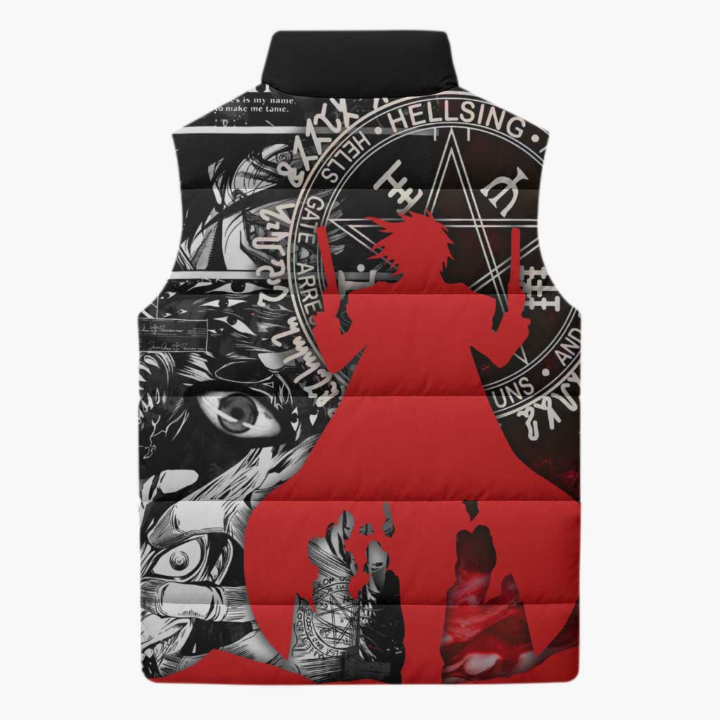 Alucard Hellsing Manga Collage Black and Red Design Sleeveless Puffer Jacket with Gun Pose and Symbolic Silhouettes - The Mazicc