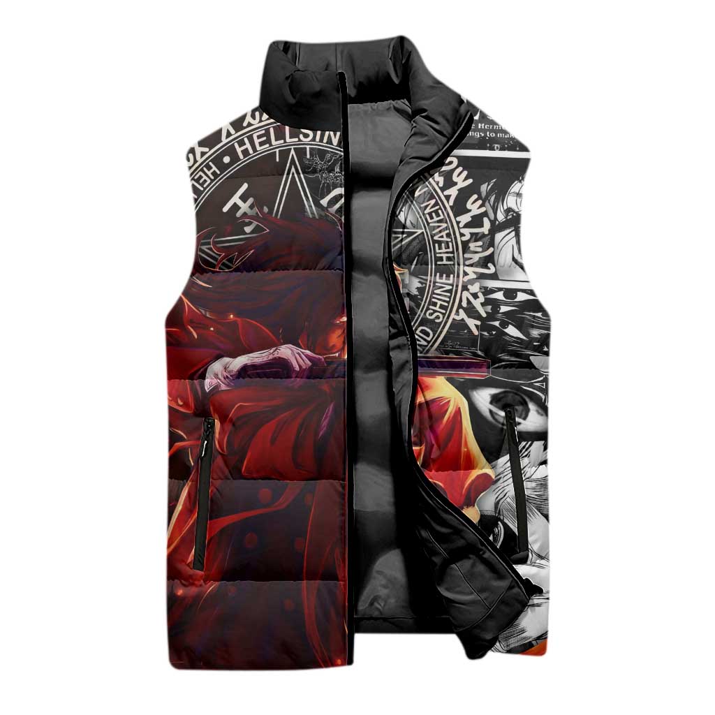 Alucard Hellsing Manga Collage Black and Red Design Sleeveless Puffer Jacket with Gun Pose and Symbolic Silhouettes - The Mazicc
