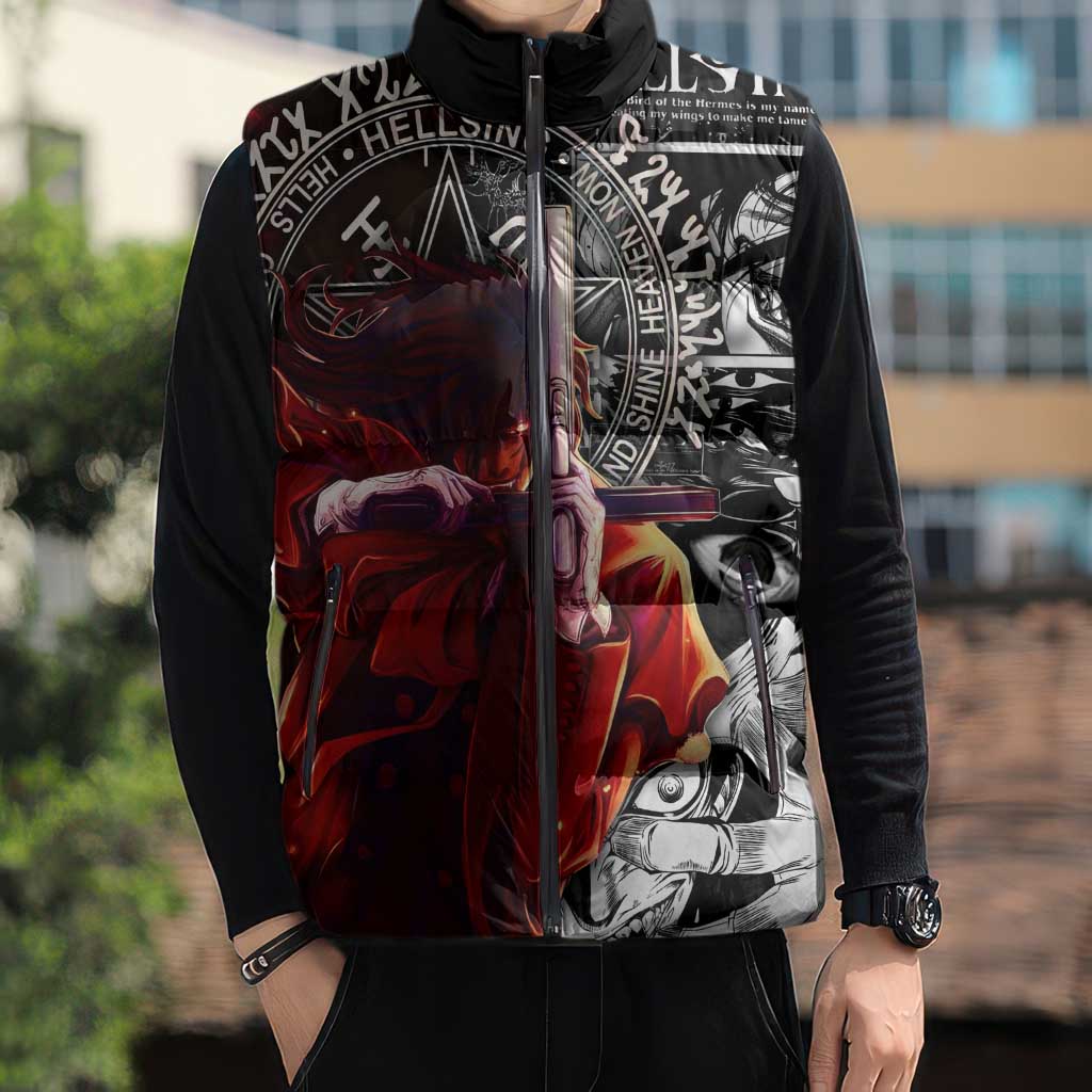 Alucard Hellsing Manga Collage Black and Red Design Sleeveless Puffer Jacket with Gun Pose and Symbolic Silhouettes - The Mazicc