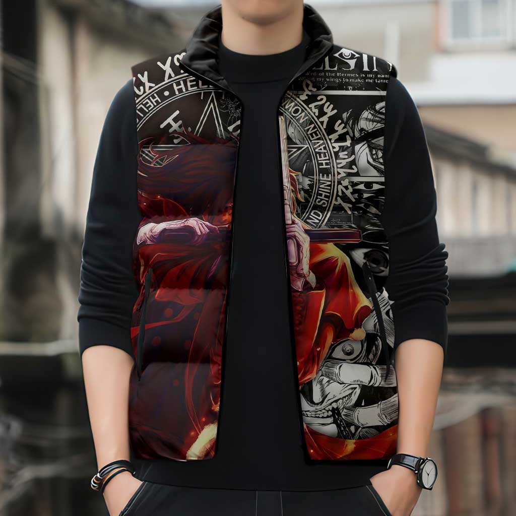 Alucard Hellsing Manga Collage Black and Red Design Sleeveless Puffer Jacket with Gun Pose and Symbolic Silhouettes - The Mazicc