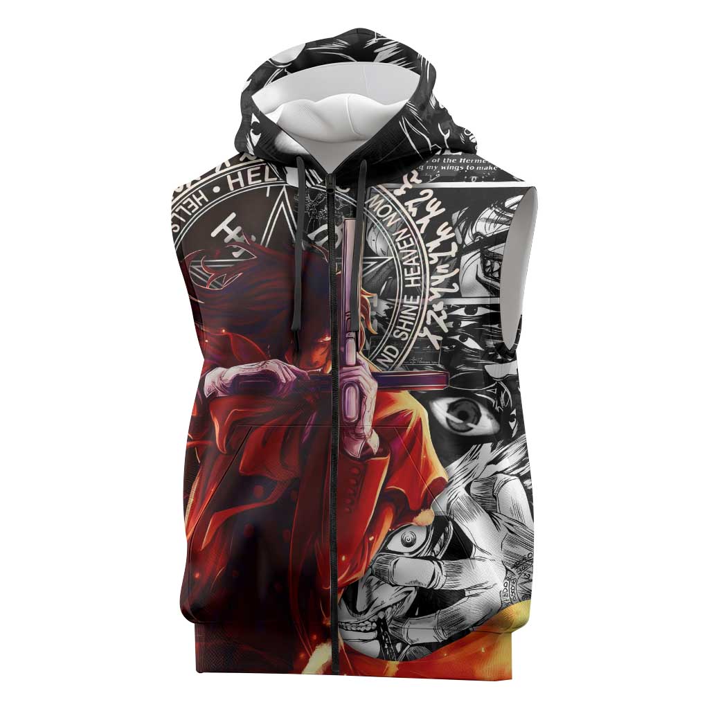 Alucard Hellsing Manga Collage Black and Red Design Sleeveless Zip Hoodie with Gun Pose and Symbolic Silhouettes - The Mazicc