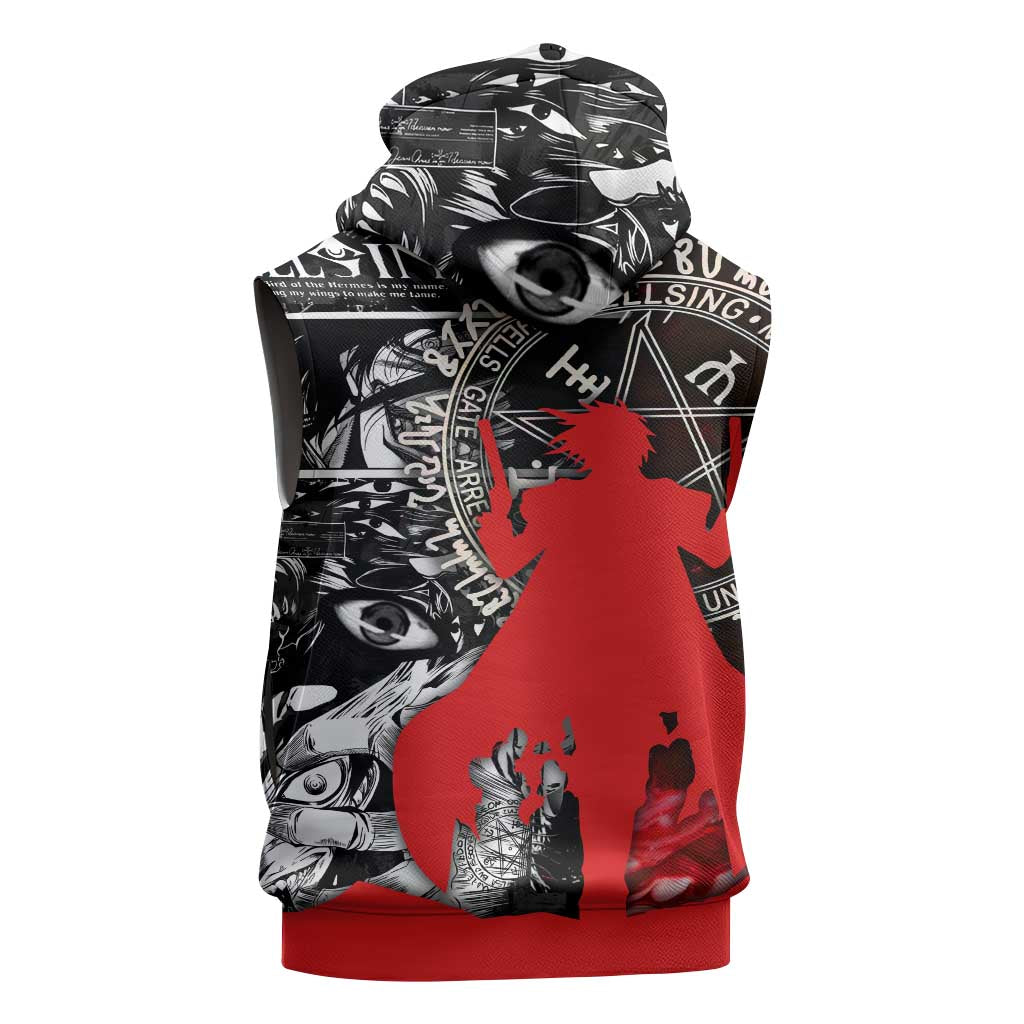 Alucard Hellsing Manga Collage Black and Red Design Sleeveless Zip Hoodie with Gun Pose and Symbolic Silhouettes - The Mazicc