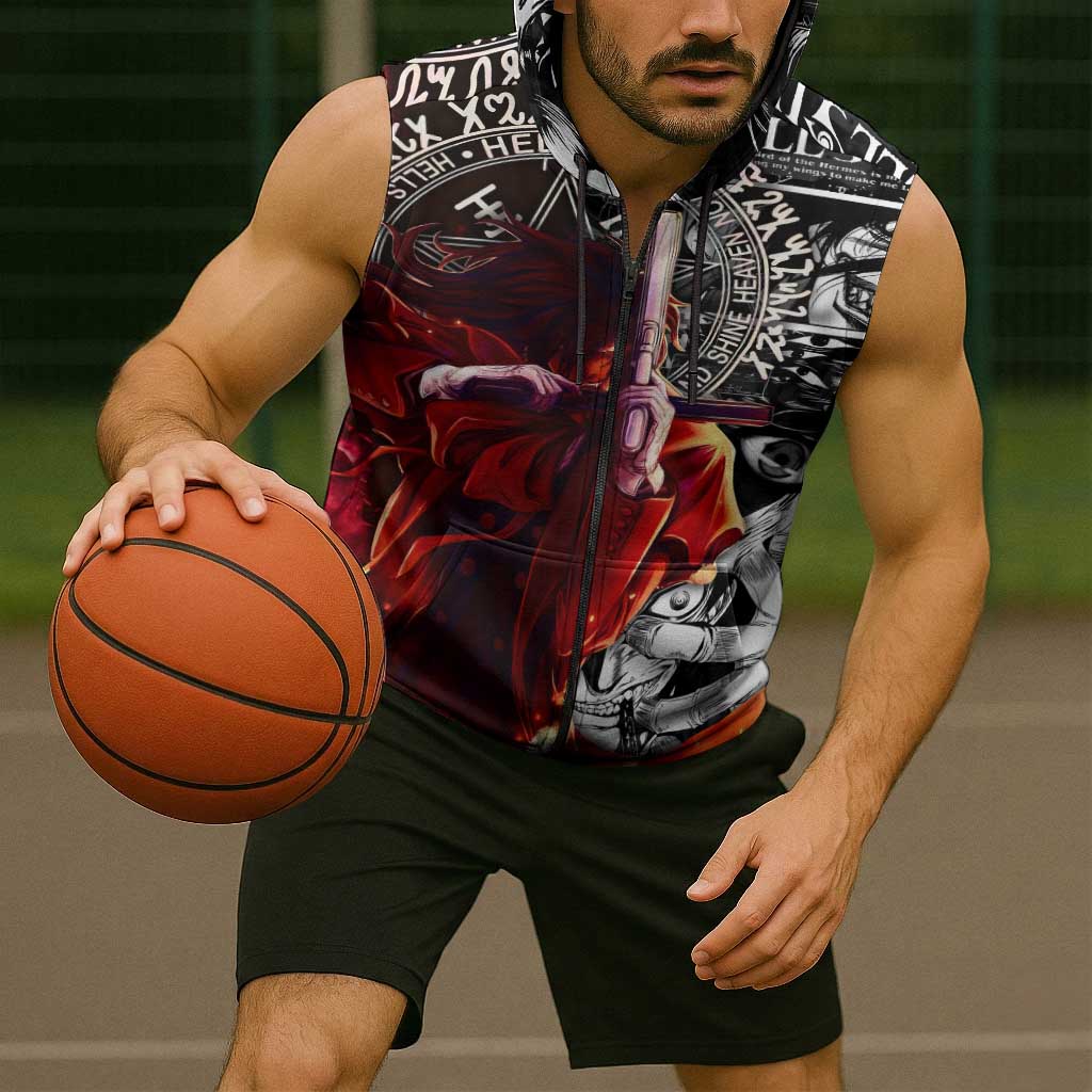 Alucard Hellsing Manga Collage Black and Red Design Sleeveless Zip Hoodie with Gun Pose and Symbolic Silhouettes - The Mazicc