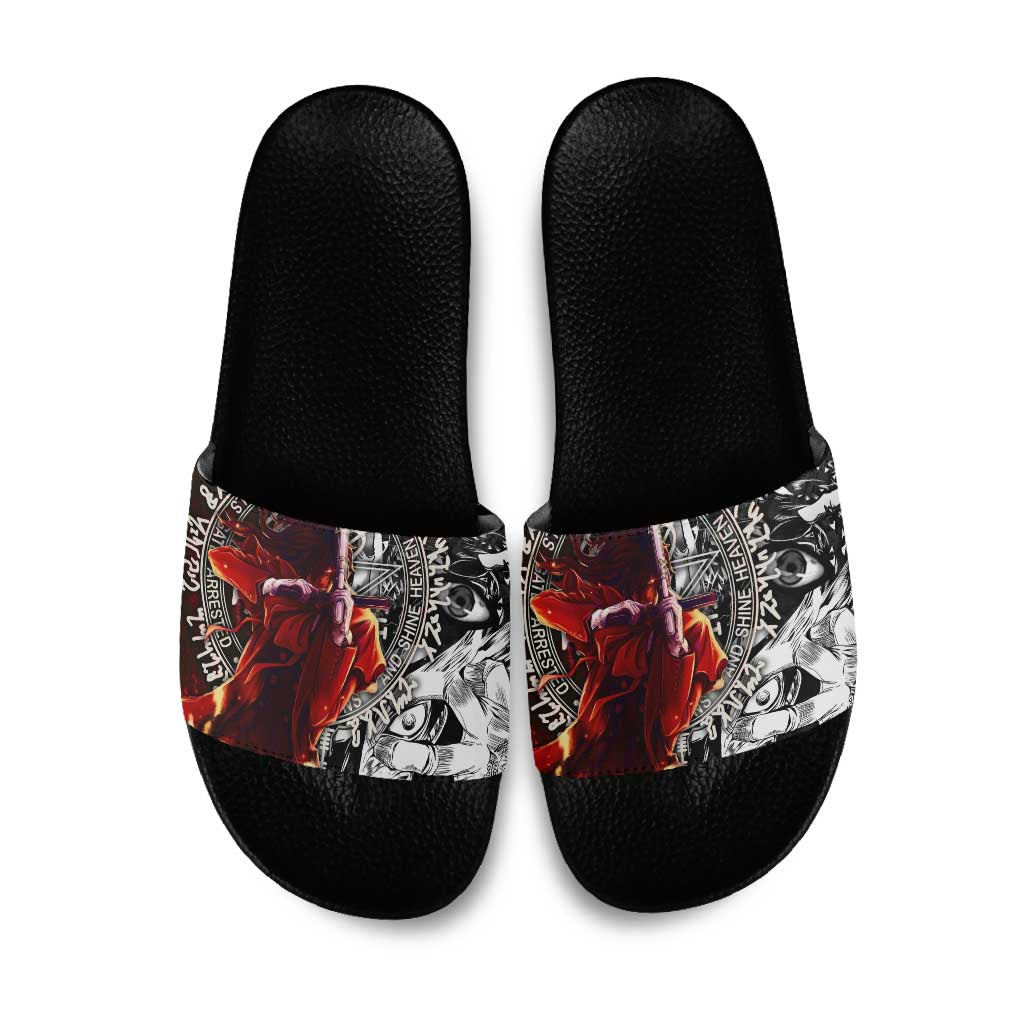Alucard Hellsing Manga Collage Black and Red Design Slide Sandals with Gun Pose and Symbolic Silhouettes - The Mazicc