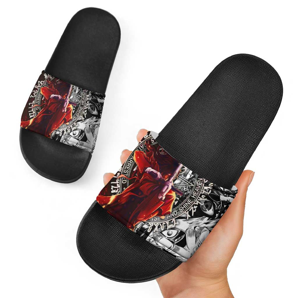 Alucard Hellsing Manga Collage Black and Red Design Slide Sandals with Gun Pose and Symbolic Silhouettes - The Mazicc