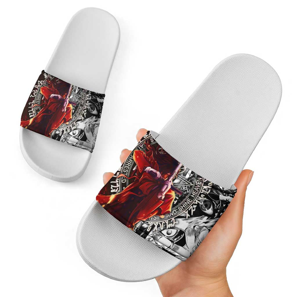 Alucard Hellsing Manga Collage Black and Red Design Slide Sandals with Gun Pose and Symbolic Silhouettes - The Mazicc