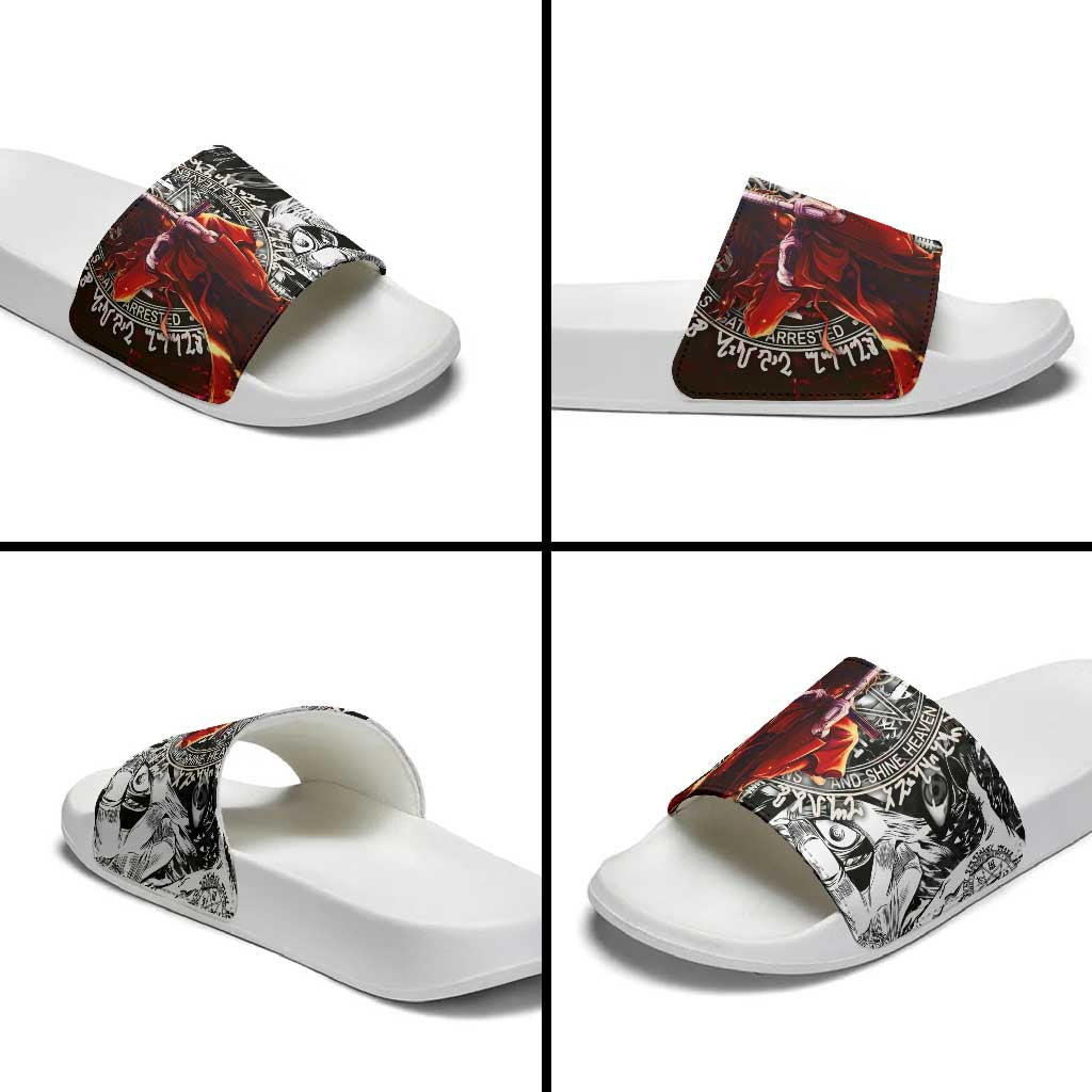 Alucard Hellsing Manga Collage Black and Red Design Slide Sandals with Gun Pose and Symbolic Silhouettes - The Mazicc