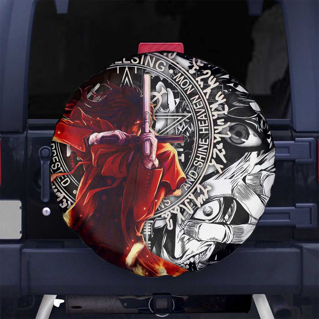 Alucard Hellsing Manga Collage Black and Red Design Spare Tire Cover with Gun Pose and Symbolic Silhouettes - The Mazicc