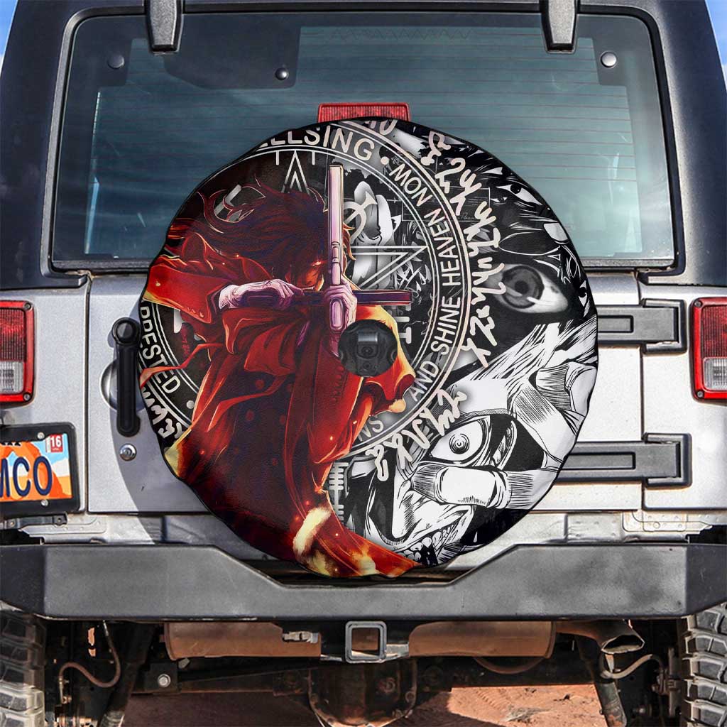Alucard Hellsing Manga Collage Black and Red Design Spare Tire Cover with Gun Pose and Symbolic Silhouettes - The Mazicc