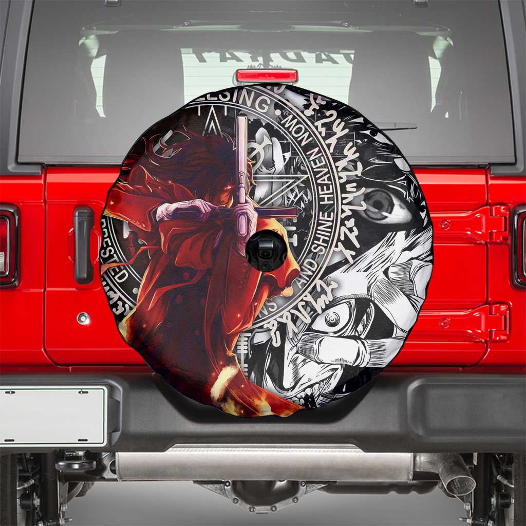 Alucard Hellsing Manga Collage Black and Red Design Spare Tire Cover with Gun Pose and Symbolic Silhouettes - The Mazicc