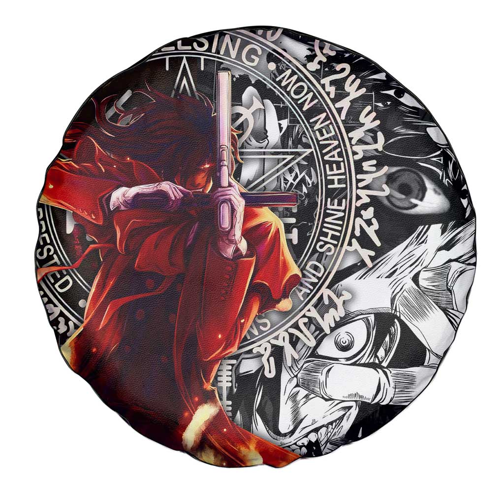 Alucard Hellsing Manga Collage Black and Red Design Spare Tire Cover with Gun Pose and Symbolic Silhouettes - The Mazicc