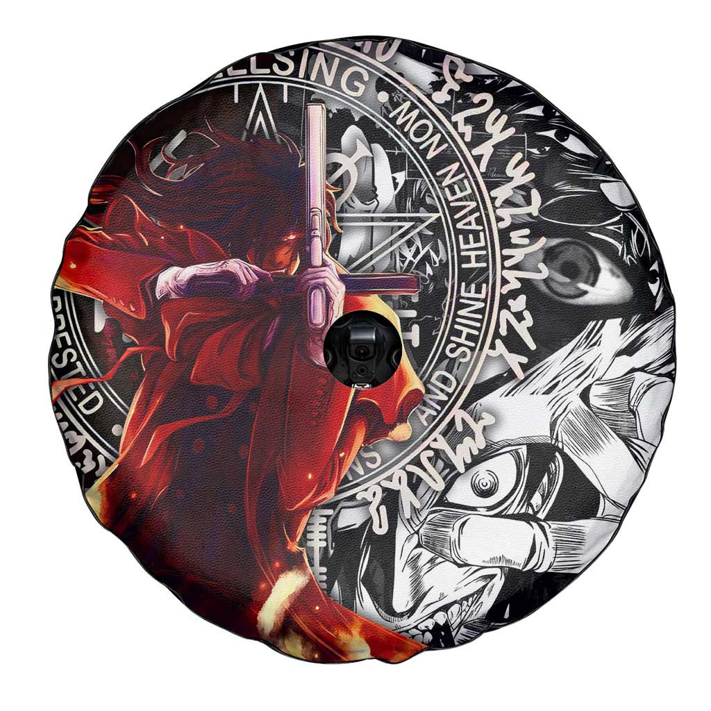 Alucard Hellsing Manga Collage Black and Red Design Spare Tire Cover with Gun Pose and Symbolic Silhouettes - The Mazicc