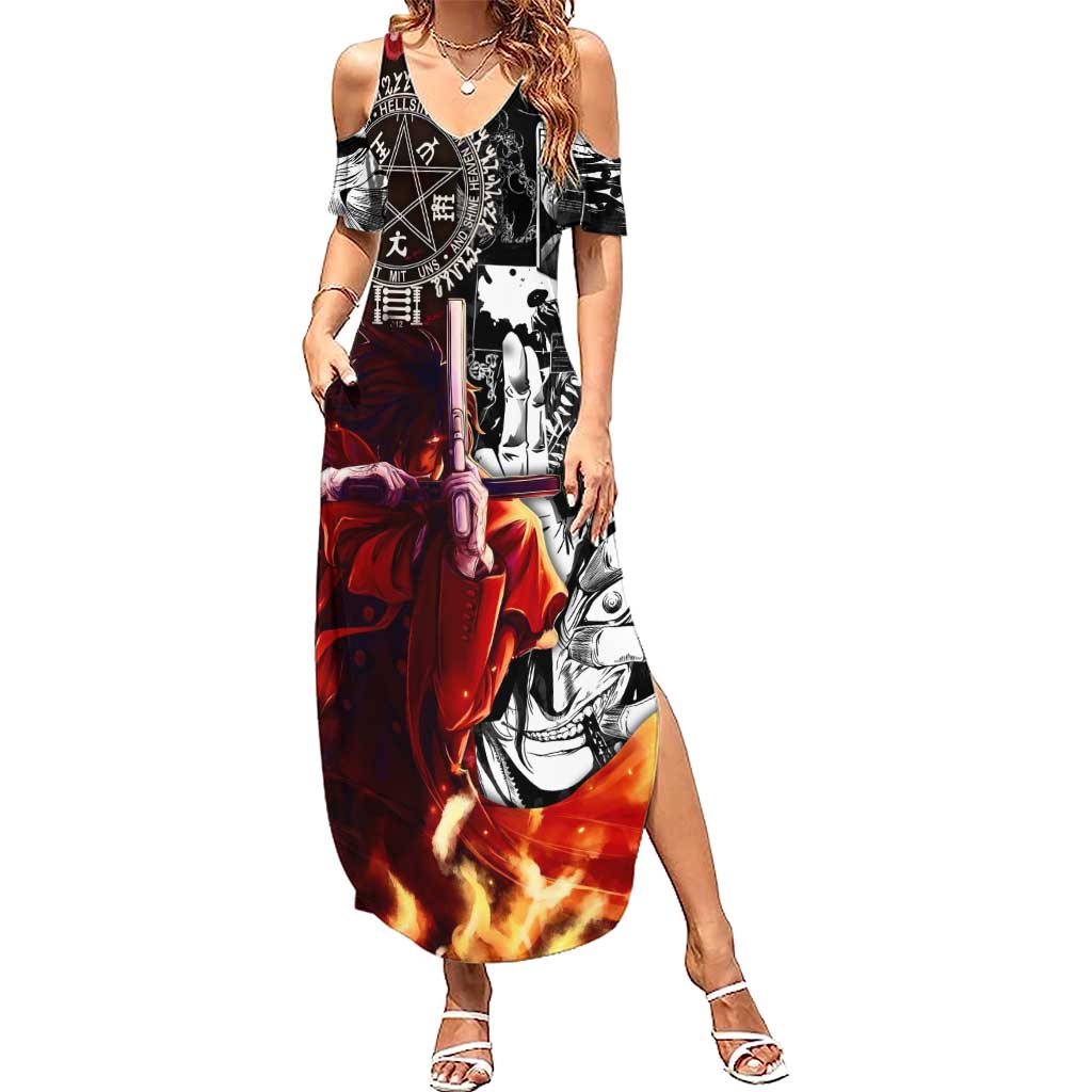 Alucard Hellsing Manga Collage Black and Red Design Summer Maxi Dress with Gun Pose and Symbolic Silhouettes - The Mazicc