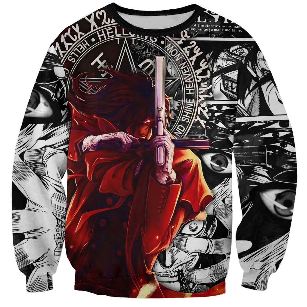 Alucard Hellsing Manga Collage Black and Red Design Sweatshirt with Gun Pose and Symbolic Silhouettes - The Mazicc